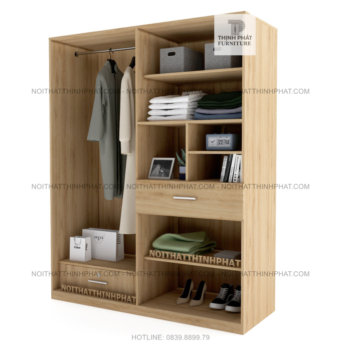Tủ Áo 1m8 X 2m Cửa Mở Kèm Ô Trang Trí, Hiện Đại, Tiện Dụng, Gỗ Mdf Phủ Melamine TQA16