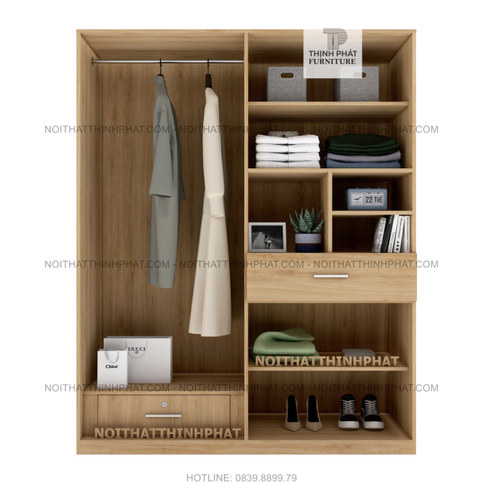 Tủ Áo 1m8 X 2m Cửa Mở Kèm Ô Trang Trí, Hiện Đại, Tiện Dụng, Gỗ Mdf Phủ Melamine TQA16