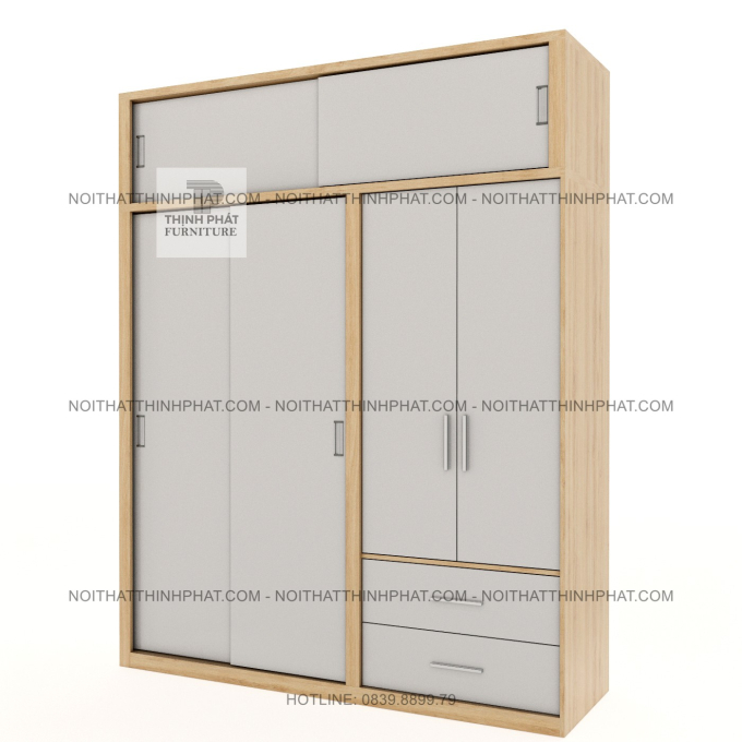 Tủ Áo 2 Tầng Cửa Lùa Kết Hợp Cửa Mở 4 Cánh Hiện Đại Có Ngăn Kéo Đa Năng TPHCM TQA104 (2M X 2M5)