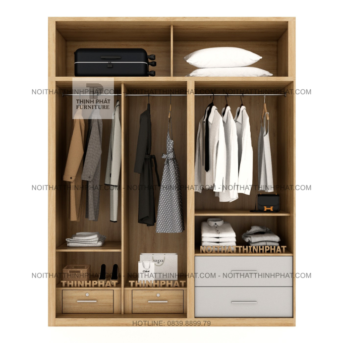 Tủ Áo 2 Tầng Cửa Lùa Kết Hợp Cửa Mở 4 Cánh Hiện Đại Có Ngăn Kéo Đa Năng TPHCM TQA104 (2M X 2M5)