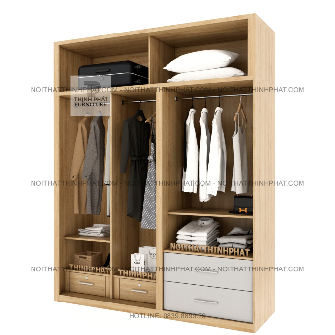 Tủ Áo 2 Tầng Cửa Lùa Kết Hợp Cửa Mở 4 Cánh Hiện Đại Có Ngăn Kéo Đa Năng TPHCM TQA104 (2M X 2M5)