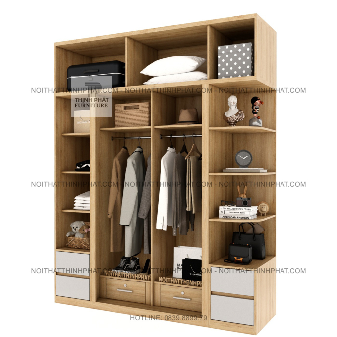 Tủ Áo 2 Tầng Cửa Lùa Kết Hợp Cửa Mở Nhiều Ngăn Có Kệ Trang Trí Và Hộc Kéo Hiện Đại TPHCM TQA105 (2M X 2M5)