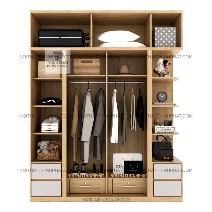 Tủ Áo 2 Tầng Cửa Lùa Kết Hợp Cửa Mở Nhiều Ngăn Có Kệ Trang Trí Và Hộc Kéo Hiện Đại TPHCM TQA105 (2M X 2M5)
