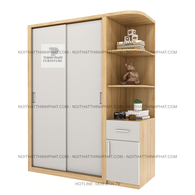 Tủ Áo Cửa Lùa 2 Cánh Kết Hợp Kệ Trang Trí Bo Cong Và Hộc Kéo Hiện Đại TPHCM TQA126 (1M6 X 2M)