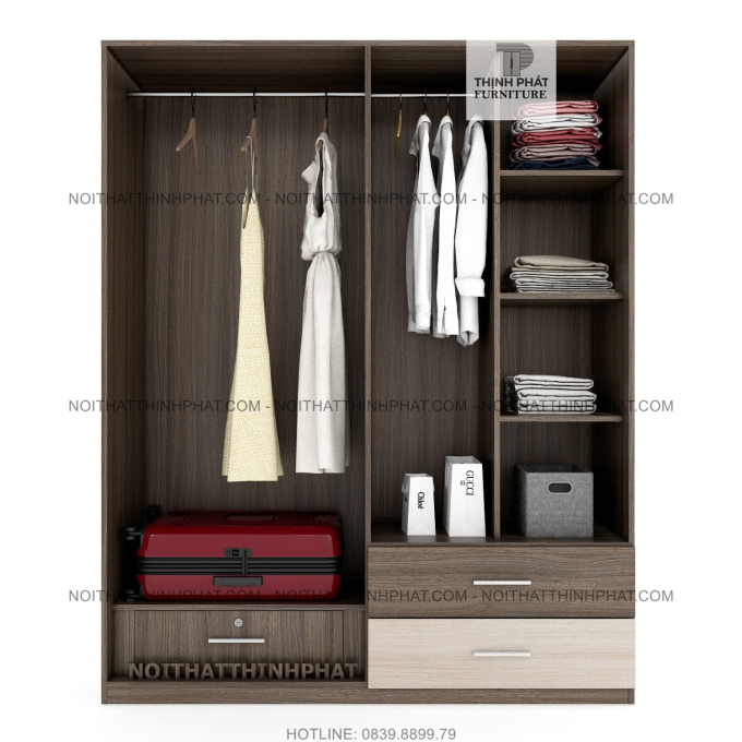 Tủ Áo Gỗ Công Nghiệp 4 Cánh Mở, 2 Hộc Kéo Ngoài, Phối Màu Hiện Đại TQA26