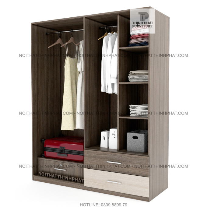 Tủ Áo Gỗ Công Nghiệp 4 Cánh Mở, 2 Hộc Kéo Ngoài, Phối Màu Hiện Đại TQA26