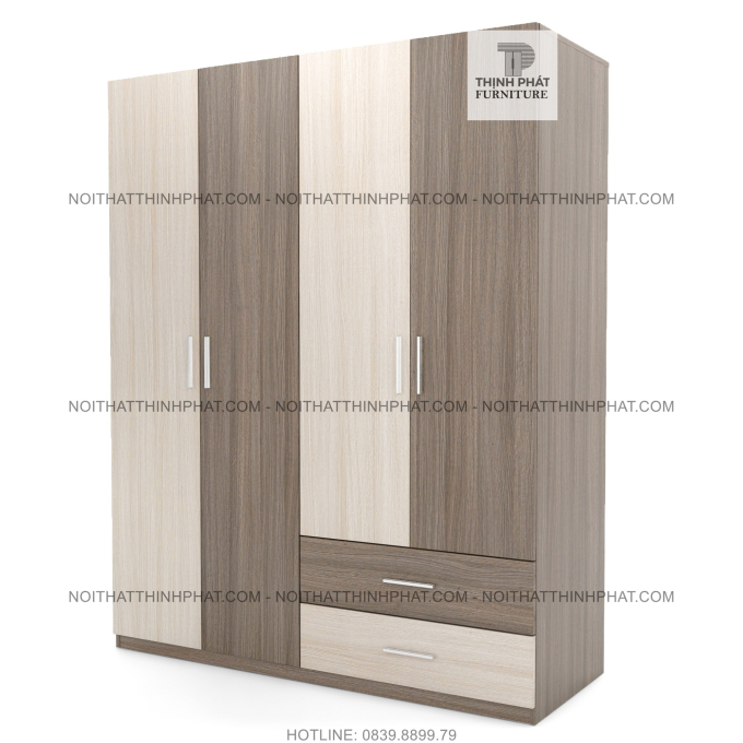 Tủ Áo Gỗ Công Nghiệp 4 Cánh Mở, 2 Hộc Kéo Ngoài, Phối Màu Hiện Đại TQA26