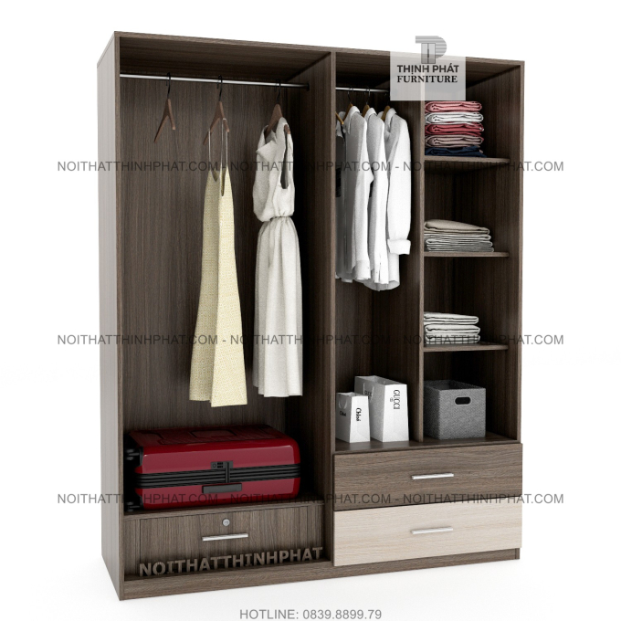 Tủ Áo Gỗ Công Nghiệp 4 Cánh Mở, 2 Hộc Kéo Ngoài, Phối Màu Hiện Đại TQA26