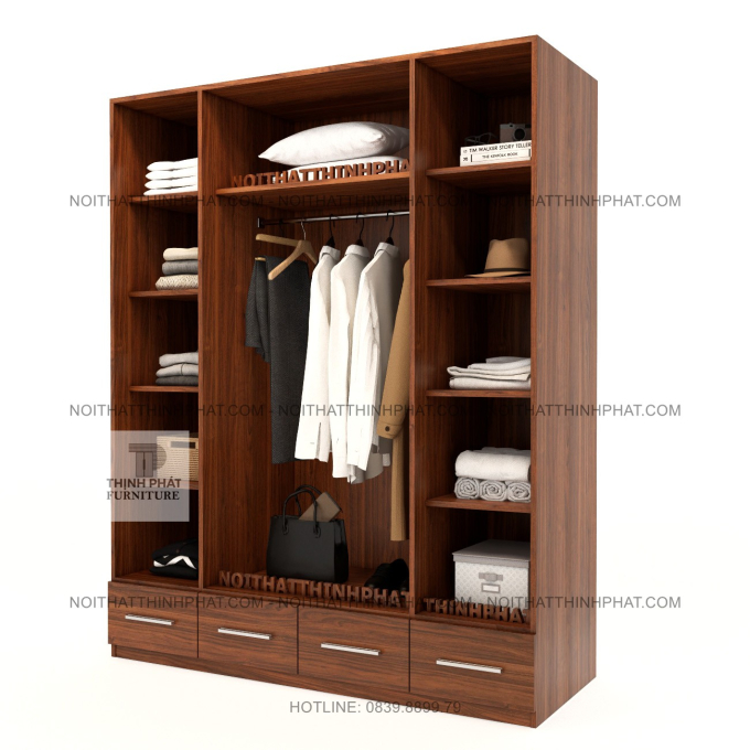 Tủ Áo MDF 4 Cánh Màu Xám Phối Vân Gỗ, Nhiều Ngăn Để Đồ Và Hộc Kéo Rộng Tại TPHCM TQA91 (1M6 X 2M)