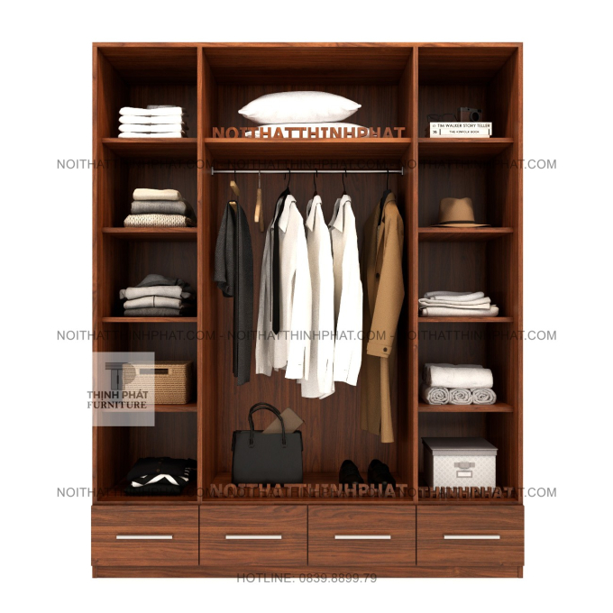 Tủ Áo MDF 4 Cánh Màu Xám Phối Vân Gỗ, Nhiều Ngăn Để Đồ Và Hộc Kéo Rộng Tại TPHCM TQA91 (1M6 X 2M)