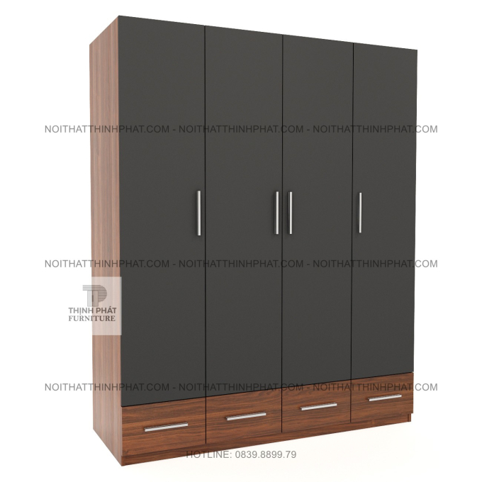 Tủ Áo MDF 4 Cánh Màu Xám Phối Vân Gỗ, Nhiều Ngăn Để Đồ Và Hộc Kéo Rộng Tại TPHCM TQA91 (1M6 X 2M)