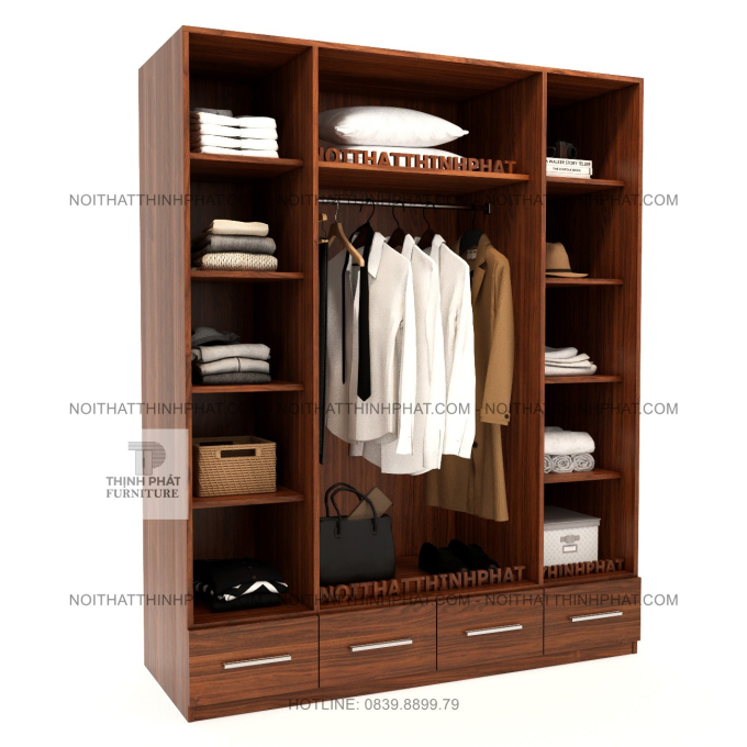 Tủ Áo MDF 4 Cánh Màu Xám Phối Vân Gỗ, Nhiều Ngăn Để Đồ Và Hộc Kéo Rộng Tại TPHCM TQA91 (1M6 X 2M)
