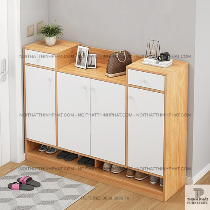 Tủ Để Giày Dép Gỗ Công Nghiệp 4 Cánh 2 Ngăn Kéo Hiện Đại, Kệ Hở Dưới Tiện Lợi TG06