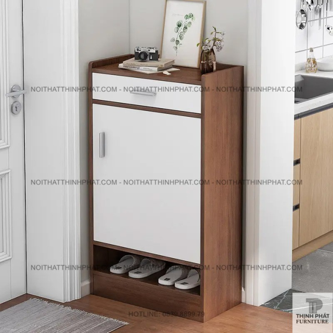 Tủ Đựng Giày Dép 1 Cánh Mở, Thiết Kế Tối Giản Có Ngăn Kéo Lưu Trữ Và Kệ Dép Bên Ngoài TG09