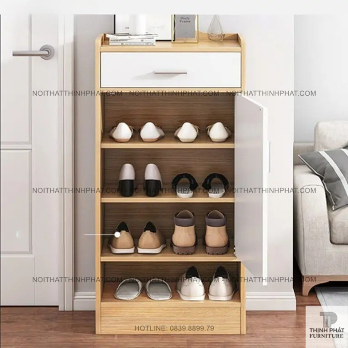 Tủ Đựng Giày Dép 1 Cánh Mở, Thiết Kế Tối Giản Có Ngăn Kéo Lưu Trữ Và Kệ Dép Bên Ngoài TG09