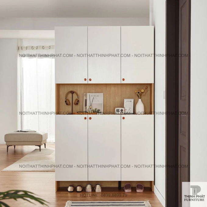 Tủ Đựng Giày Dép Gỗ Công Nghiệp 6 Cửa Phối Trắng, Kệ Hở Trung Tâm Trang Trí Tiện Lợi TG29	
