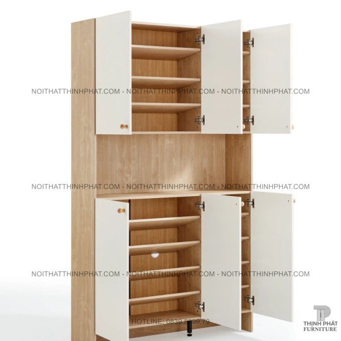 Tủ Đựng Giày Dép Gỗ Công Nghiệp 6 Cửa Phối Trắng, Kệ Hở Trung Tâm Trang Trí Tiện Lợi TG29