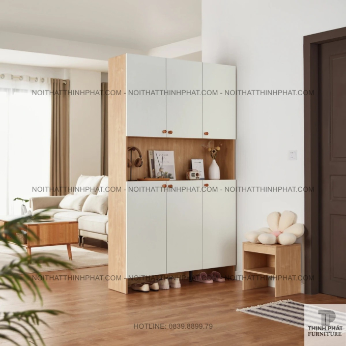 Tủ Đựng Giày Dép Gỗ Công Nghiệp 6 Cửa Phối Trắng, Kệ Hở Trung Tâm Trang Trí Tiện Lợi TG29