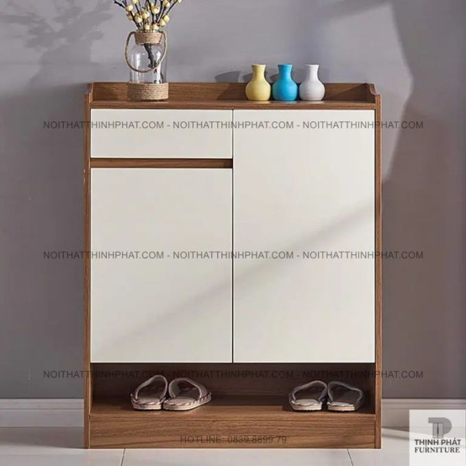 Tủ Đựng Giày Dép Gỗ MDF Hiện Đại 2 Cánh Màu Vân Gỗ Phối Trắng Cho Gia Đình TG10