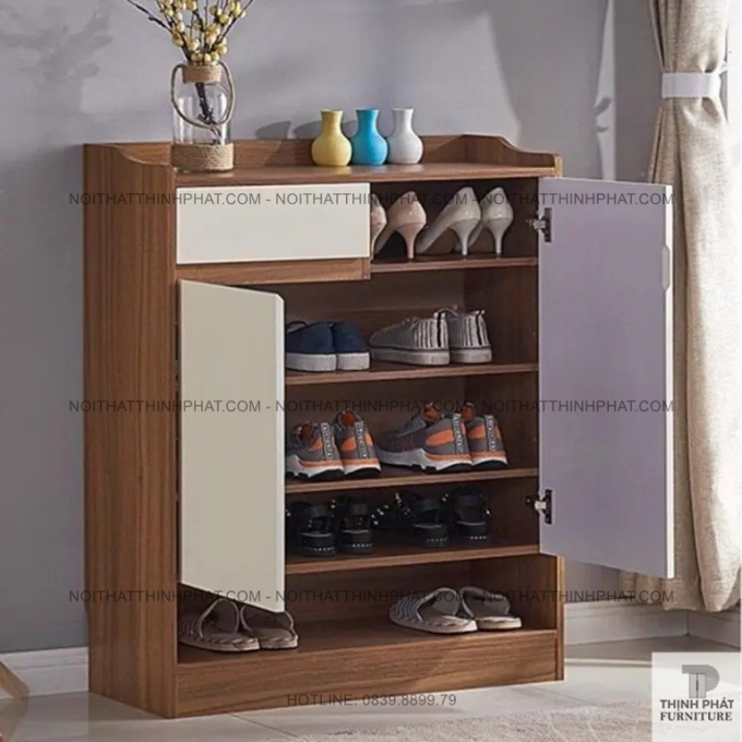 Tủ Đựng Giày Dép Gỗ MDF Hiện Đại 2 Cánh Màu Vân Gỗ Phối Trắng Cho Gia Đình TG10