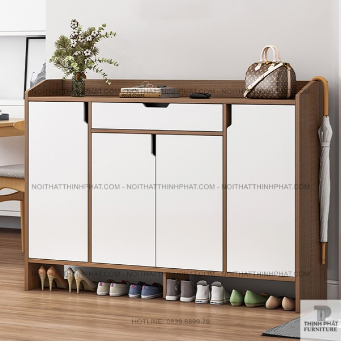 Tủ giày 4 cánh mở màu gỗ phối trắng, thiết kế hiện đại sang trọng TG02
