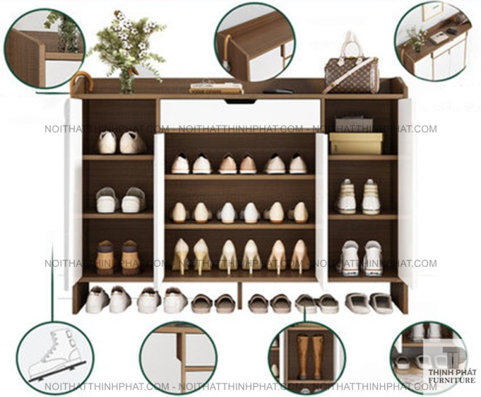 Tủ giày 4 cánh mở màu gỗ phối trắng, thiết kế hiện đại sang trọng TG02