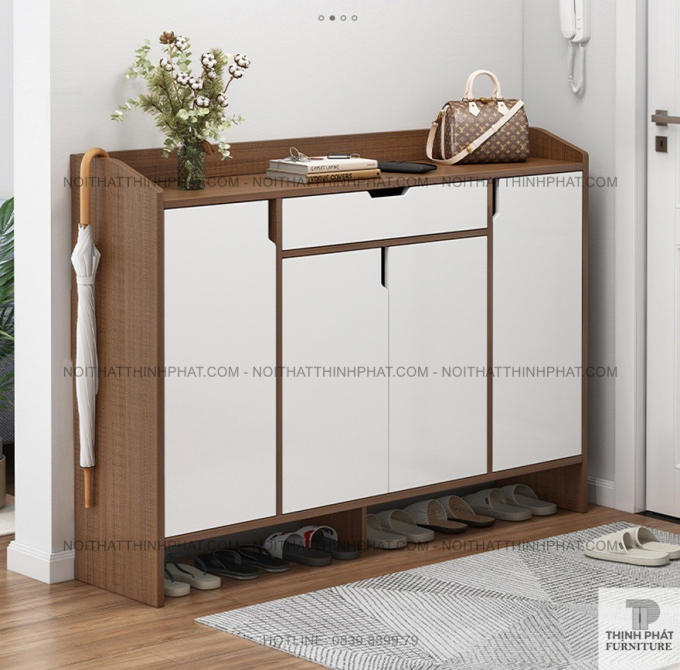 Tủ giày 4 cánh mở màu gỗ phối trắng, thiết kế hiện đại sang trọng TG02