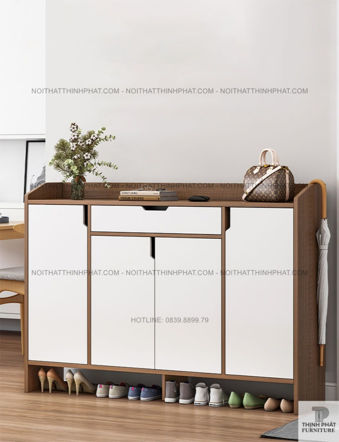 Tủ giày 4 cánh mở màu gỗ phối trắng, thiết kế hiện đại sang trọng TG02