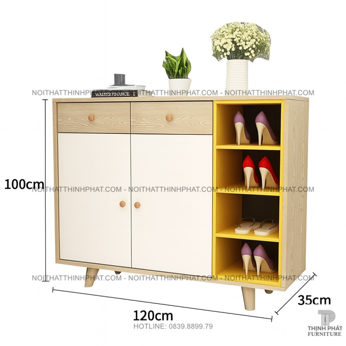 Tủ Giày Dép 2 Cửa 2 Hộc Kéo Gỗ Công Nghiệp, Kệ Hở Bên Hông TG25