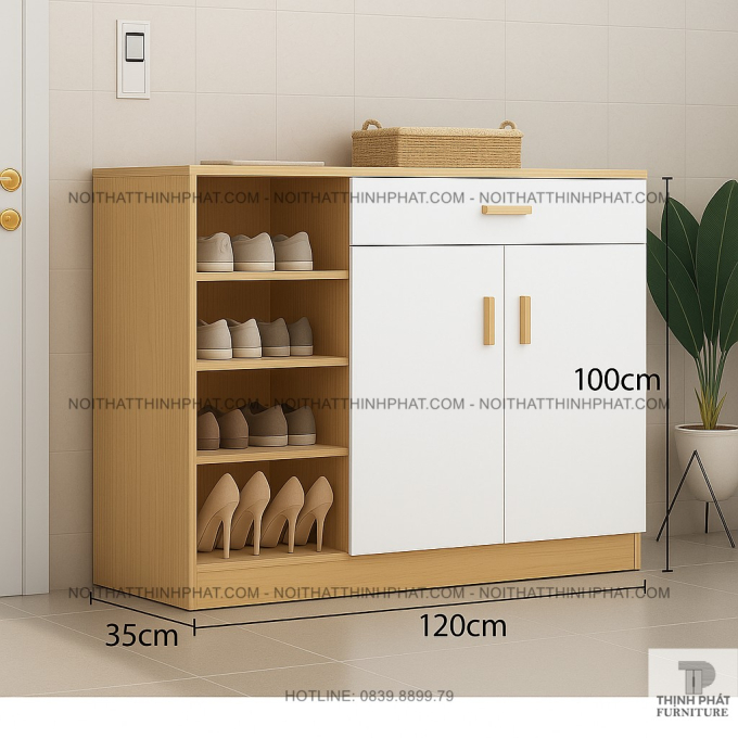 Tủ Giày Dép Gỗ Công Nghiệp 2 Cánh, 1 Hộc Kéo Và Kệ Mở Đa Năng Tiết Kiệm Diện Tích TG19