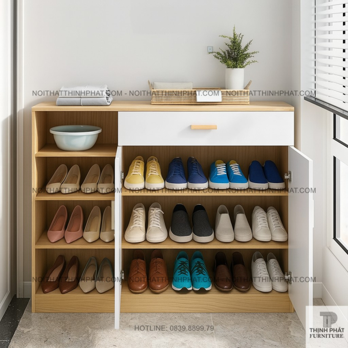 Tủ Giày Dép Gỗ Công Nghiệp 2 Cánh, 1 Hộc Kéo Và Kệ Mở Đa Năng Tiết Kiệm Diện Tích TG19