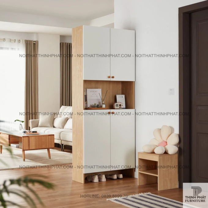 Tủ Giày Dép Gỗ MDF 4 Cánh Phối Trắng Thiết Kế Kệ Hở Trung Tâm Thanh Lịch TG28