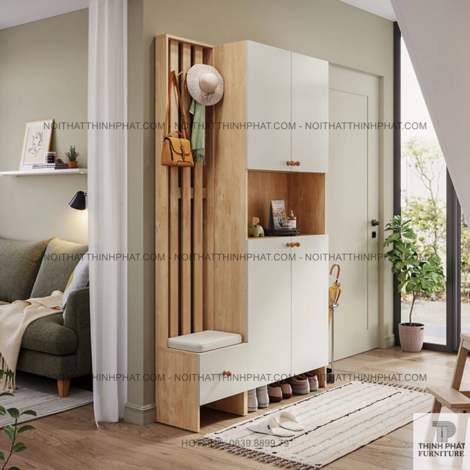 Tủ Giày Dép Kết Hợp Ghế Ngồi Và Giá Treo Phối Trắng Thanh Lịch TG30