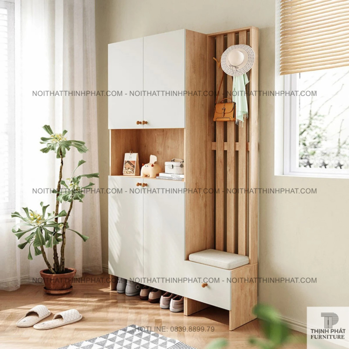Tủ Giày Dép Kết Hợp Ghế Ngồi Và Giá Treo Phối Trắng Thanh Lịch TG30