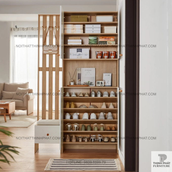 Tủ Giày Dép Kết Hợp Ghế Ngồi Và Giá Treo Phối Trắng Thanh Lịch TG30