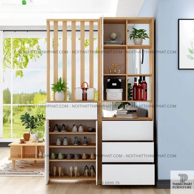 Tủ Giày Gỗ Công Nghiệp Kèm Vách Ngăn Trang Trí, Nhiều Ngăn Kéo Tiện Lợi, Kiểu Dáng Hiện Đại TG27