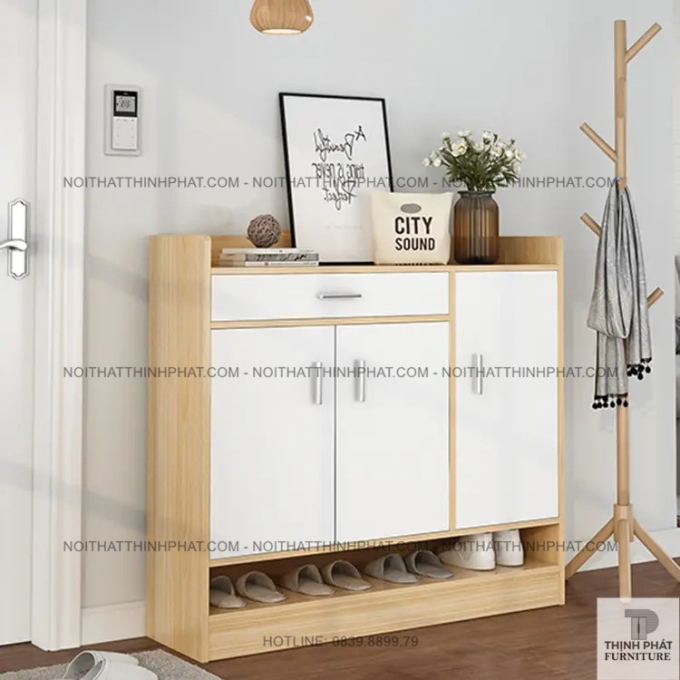 Tủ Giày Gỗ Công Nghiệp MDF 3 Cánh Có Kệ Hở Dưới Và Ngăn Kéo Hiện Đại TG14