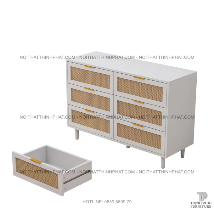 Tủ gỗ MDF 6 ngăn kéo thiết kế mây phối khung trắng thanh lịch TNK07