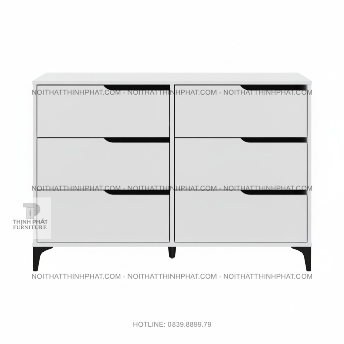 Tủ Hộc Kéo 6 Ngăn Ngang Màu Trắng Chân Sắt Tay Nắm Âm Hiện Đại TNK47