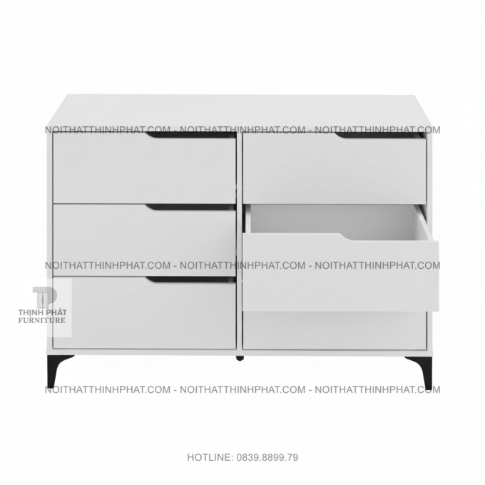 Tủ Hộc Kéo 6 Ngăn Ngang Màu Trắng Chân Sắt Tay Nắm Âm Hiện Đại TNK47