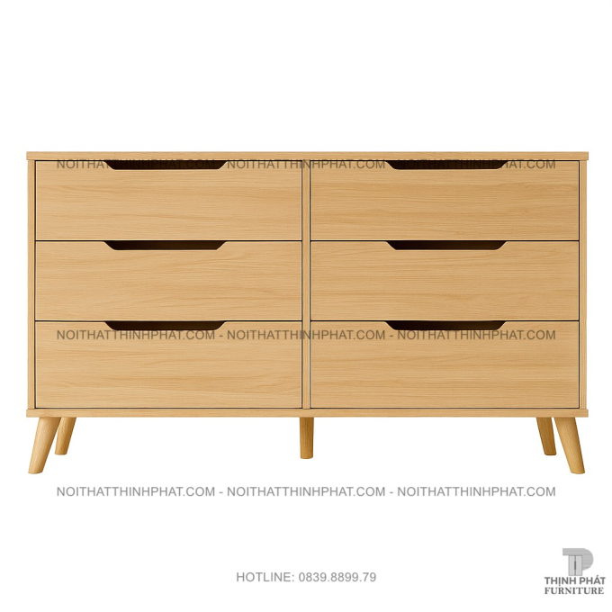Tủ Hộc Kéo Gỗ MDF Màu Gỗ Sồi Chân Cao 6 Ngăn Kéo, Thiết Kế Bắc Âu Hiện Đại TNK05