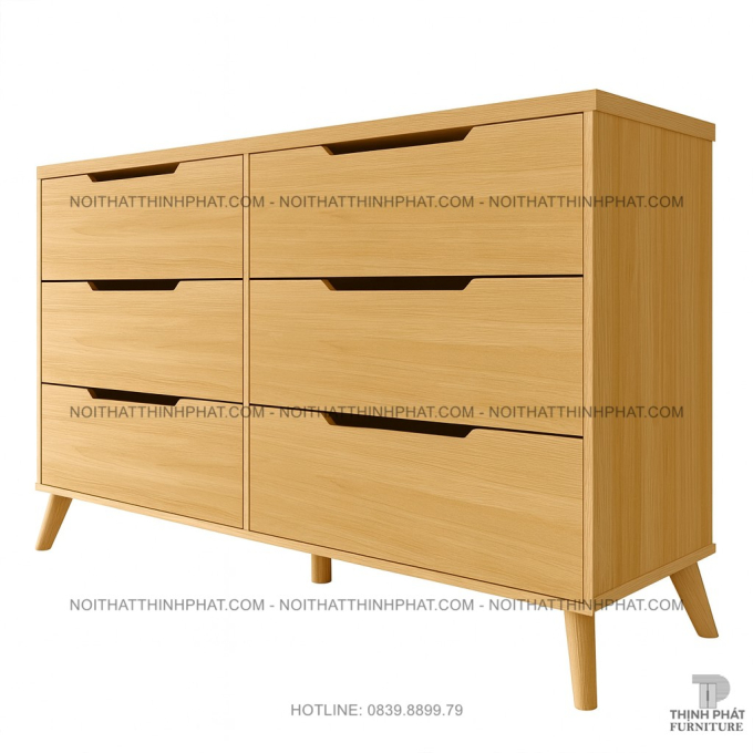 Tủ Hộc Kéo Gỗ MDF Màu Gỗ Sồi Chân Cao 6 Ngăn Kéo, Thiết Kế Bắc Âu Hiện Đại TNK05