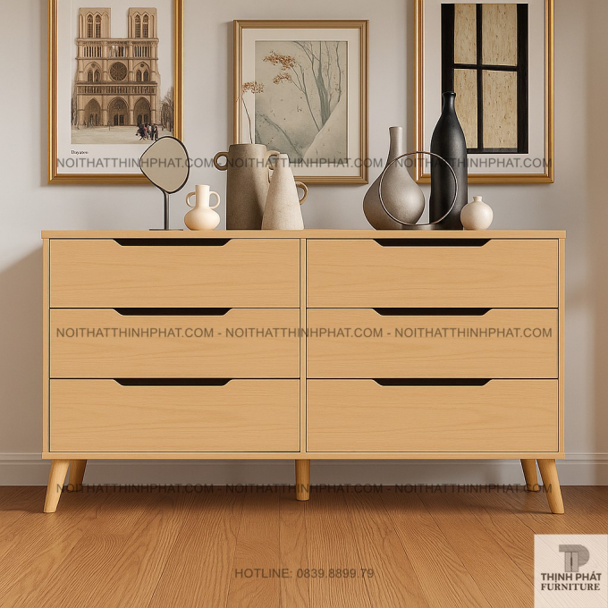 Tủ Hộc Kéo Gỗ MDF Màu Gỗ Sồi Chân Cao 6 Ngăn Kéo, Thiết Kế Bắc Âu Hiện Đại TNK05