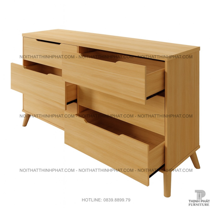 Tủ Hộc Kéo Gỗ MDF Màu Gỗ Sồi Chân Cao 6 Ngăn Kéo, Thiết Kế Bắc Âu Hiện Đại TNK05