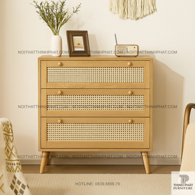 Tủ hộc kéo gỗ MDF phối mây đan 3 tầng kiểu Nhật, thiết kế gọn gàng tinh tế TNK13