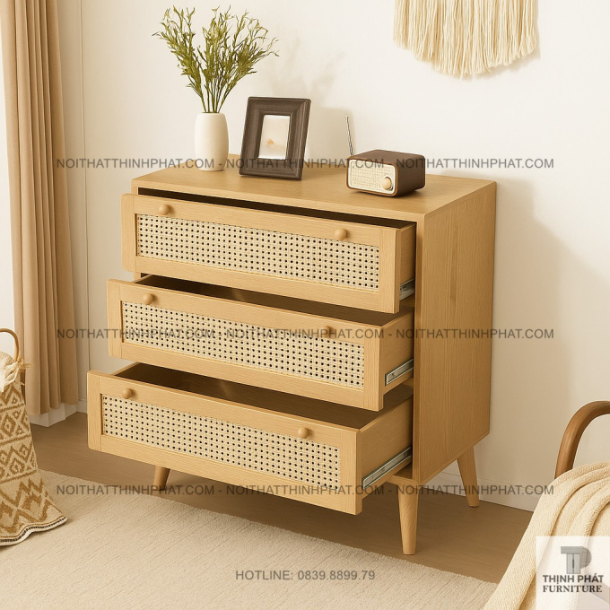 Tủ hộc kéo gỗ MDF phối mây đan 3 tầng kiểu Nhật, thiết kế gọn gàng tinh tế TNK13