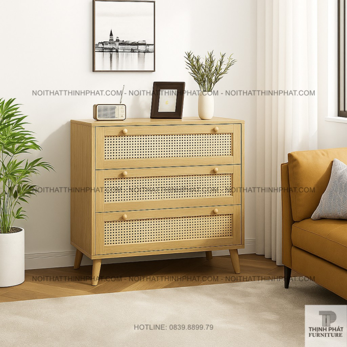 Tủ hộc kéo gỗ MDF phối mây đan 3 tầng kiểu Nhật, thiết kế gọn gàng tinh tế TNK13