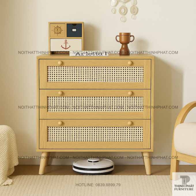 Tủ hộc kéo gỗ MDF phối mây đan 3 tầng kiểu Nhật, thiết kế gọn gàng tinh tế TNK13