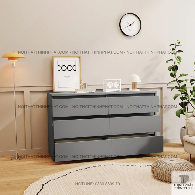 Tủ Hộc Kéo Màu Ghi Xám Thiết Kế Trơn Không Tay Nắm, Phù Hợp Nội Thất Tối Giản TNK03