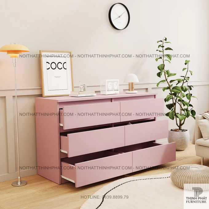 Tủ Hộc Kéo Màu Hồng Pastel 6 Ngăn Thiết Kế Hiện Đại Cho Phòng Ngủ, Phòng Khách Liệu TNK03